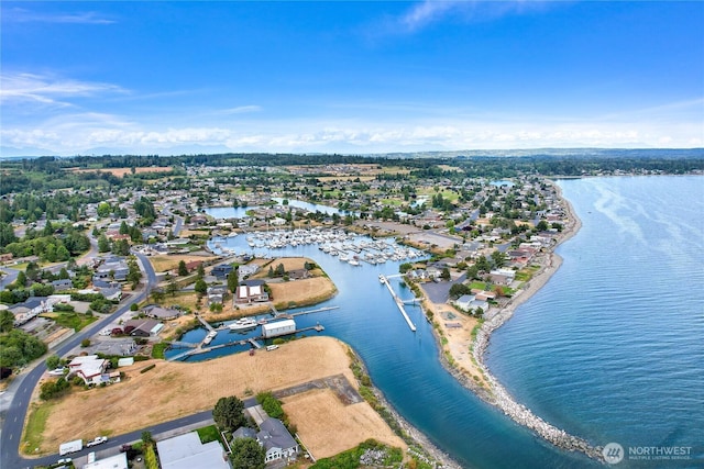 birds eye view of property featuring a water view