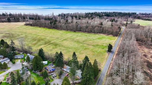 bird's eye view featuring a wooded view