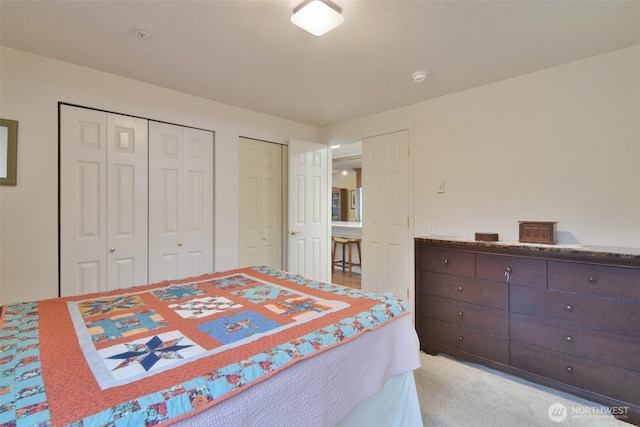 bedroom featuring carpet floors and two closets