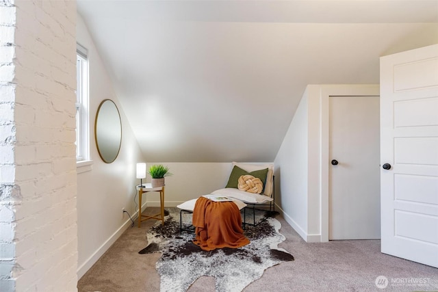 bedroom with baseboards, lofted ceiling, and carpet flooring