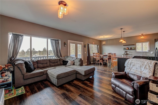 living area featuring dark wood-style flooring