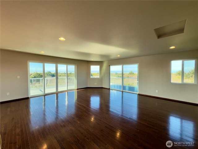 spare room featuring dark wood-style floors, plenty of natural light, and baseboards