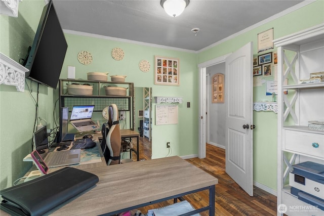 home office featuring baseboards, ornamental molding, and wood finished floors