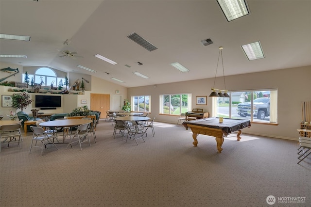 game room featuring lofted ceiling, carpet flooring, billiards, and visible vents