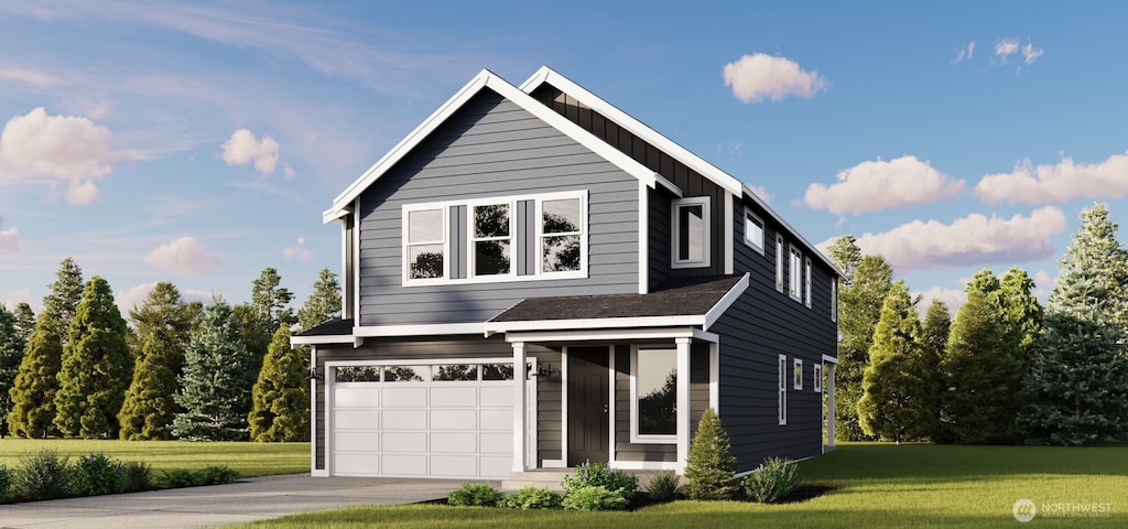 view of front of house with a garage, driveway, board and batten siding, and a front lawn