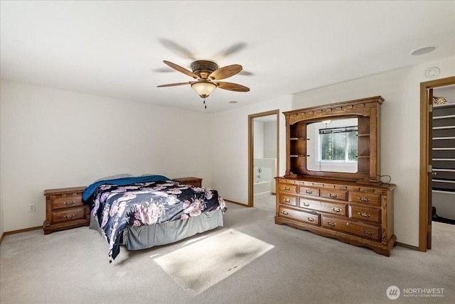 bedroom with baseboards, a ceiling fan, and light colored carpet