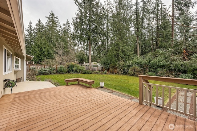 deck with a fenced backyard and a yard