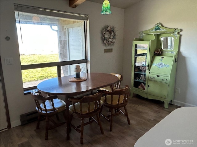 dining area featuring baseboards, baseboard heating, and wood finished floors