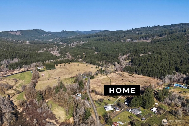 drone / aerial view featuring a forest view and a mountain view