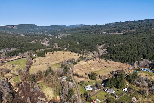 bird's eye view with a mountain view and a view of trees