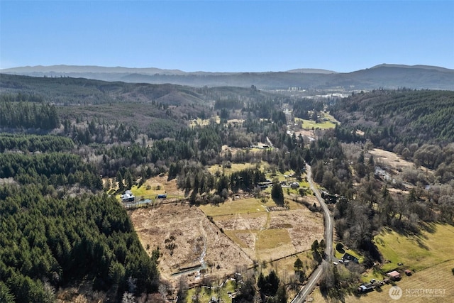 birds eye view of property featuring a forest view and a mountain view