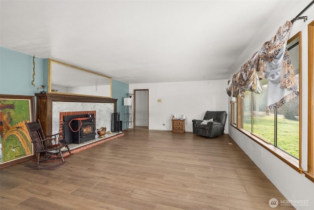 living area featuring a wood stove and wood finished floors