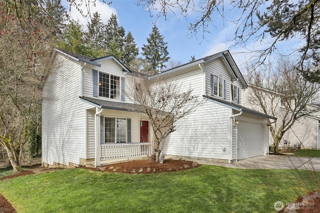 traditional-style home with an attached garage, a porch, concrete driveway, and a front lawn