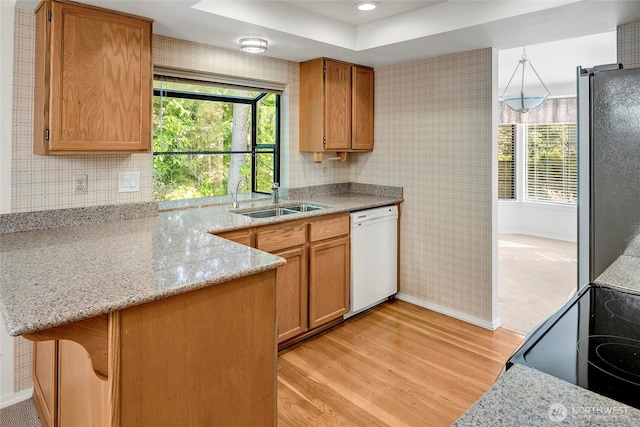 kitchen with dishwasher, freestanding refrigerator, a peninsula, light wood-type flooring, and a sink