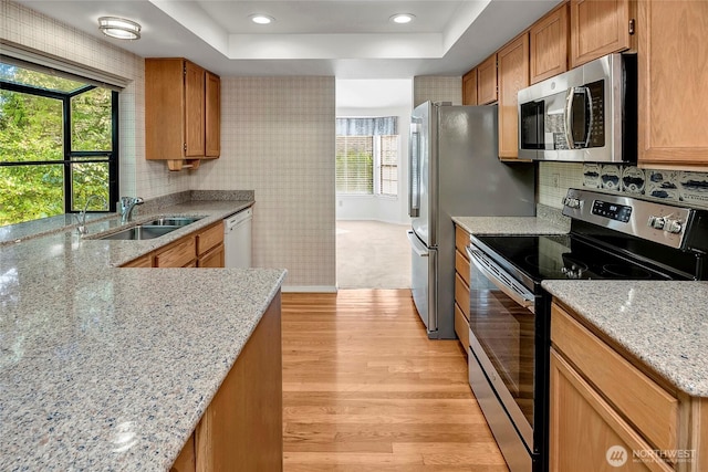 kitchen featuring light wood-style flooring, stainless steel appliances, a sink, light stone countertops, and a tray ceiling