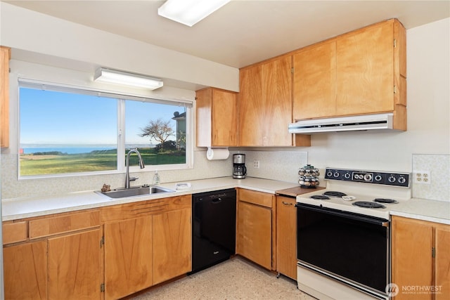 kitchen featuring under cabinet range hood, electric range, a sink, light countertops, and dishwasher