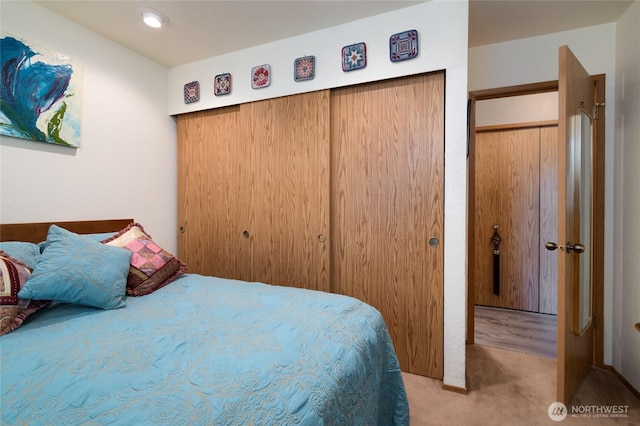 carpeted bedroom with a closet