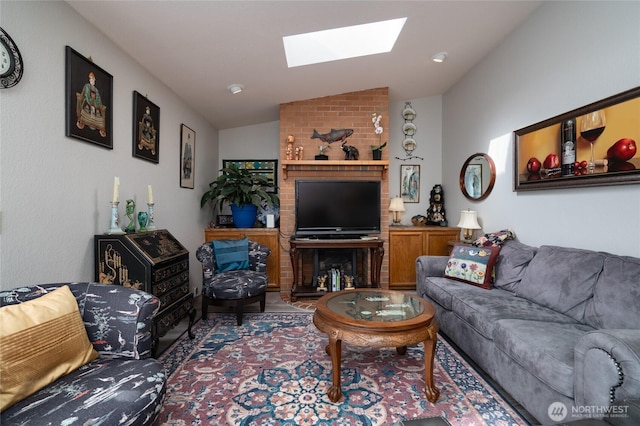 living room featuring lofted ceiling with skylight