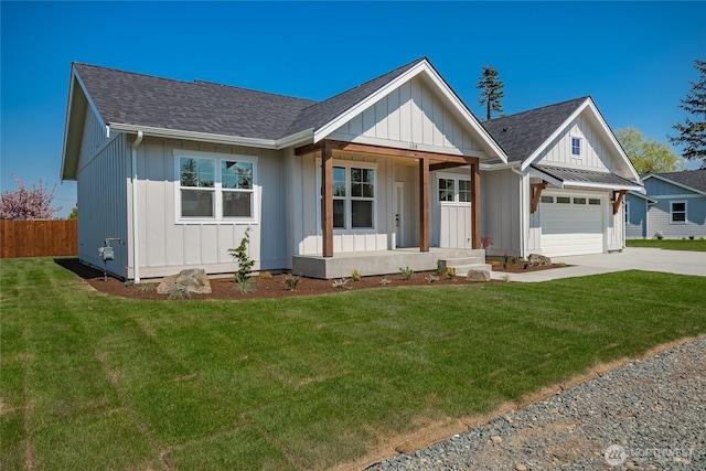 view of front of home featuring covered porch, board and batten siding, a shingled roof, and concrete driveway