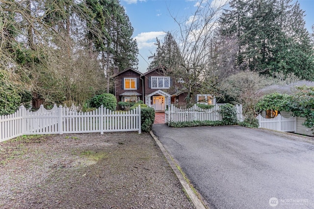 view of front of house featuring a fenced front yard and a chimney