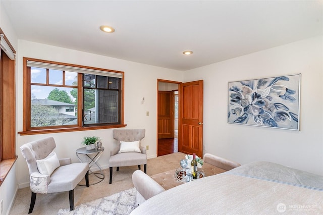 carpeted bedroom with recessed lighting and baseboards