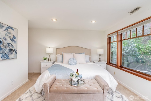 bedroom featuring carpet, visible vents, baseboards, and recessed lighting