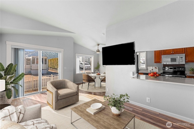 1000 Sr 150, Manson, WA 98831 - living room with ceiling fan, baseboards, lofted ceiling, and light wood-style floors