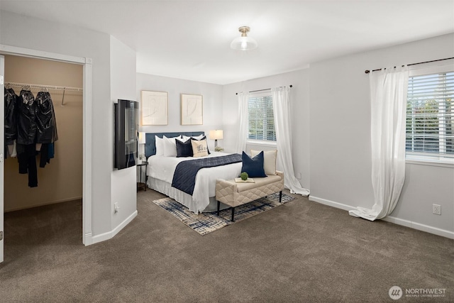 carpeted bedroom featuring a closet, multiple windows, a walk in closet, and baseboards