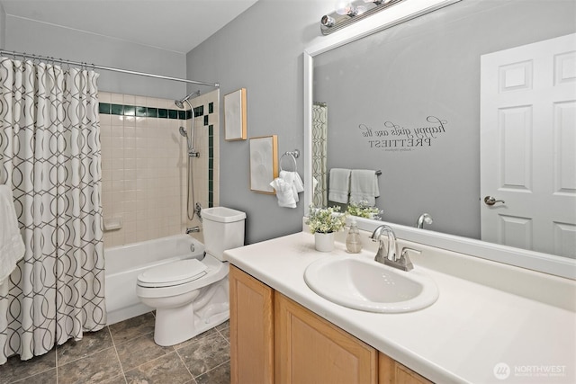 full bath featuring toilet, shower / tub combo with curtain, and vanity