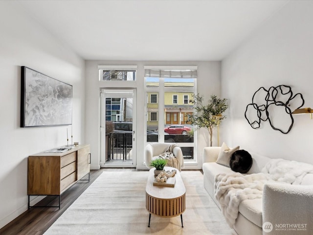 sitting room with baseboards and wood finished floors