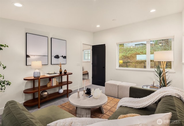 living area featuring baseboards and recessed lighting