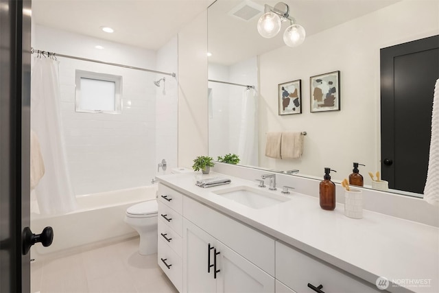 full bathroom with tile patterned flooring, toilet, recessed lighting, vanity, and shower / bath combo