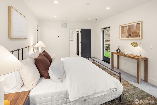 bedroom with visible vents, baseboards, carpet, access to outside, and recessed lighting