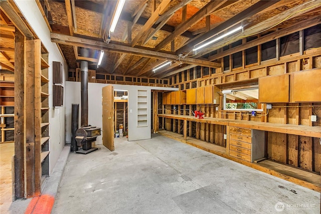 garage featuring a wood stove