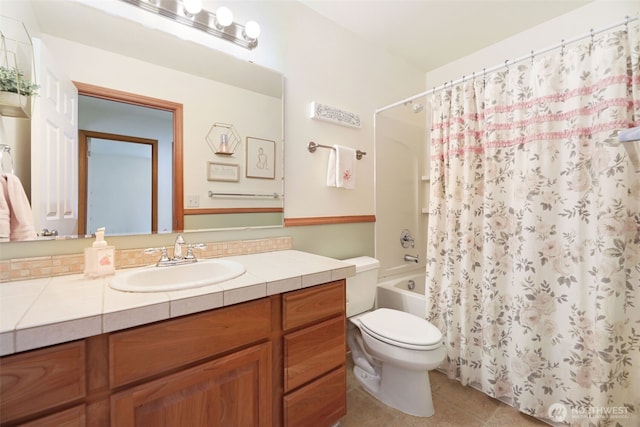 full bath with toilet, shower / tub combo, vanity, and tile patterned floors