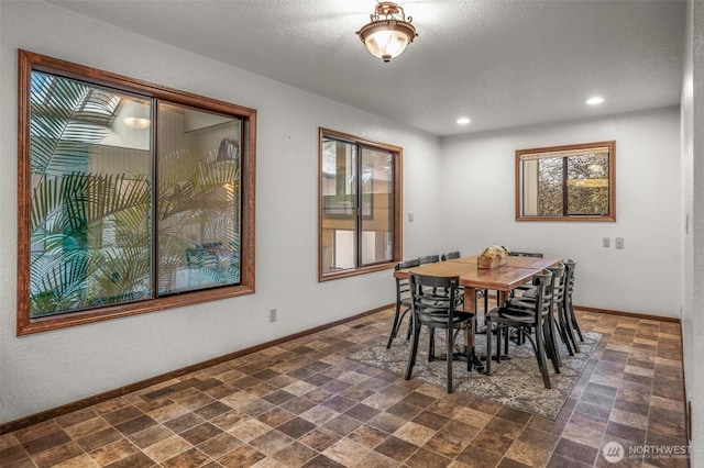 dining area featuring stone finish floor, plenty of natural light, baseboards, and recessed lighting