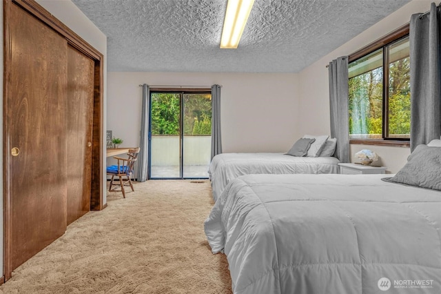 bedroom featuring access to exterior, carpet flooring, and a textured ceiling