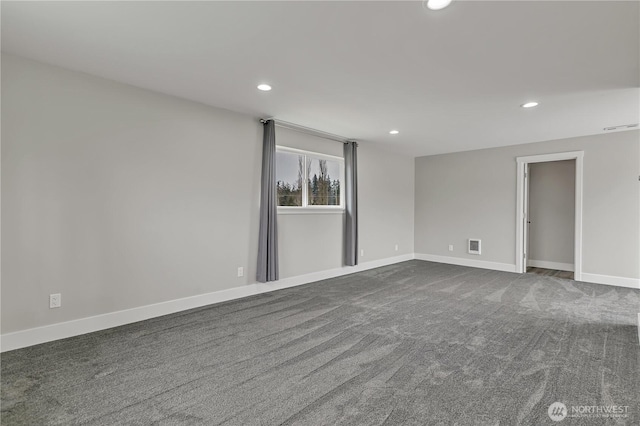 empty room featuring recessed lighting, baseboards, visible vents, and dark colored carpet