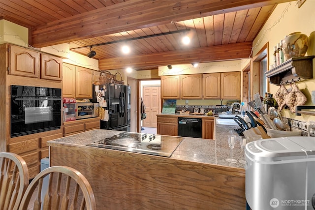 14120 139th Ave SE, Snohomish, WA 98290 - kitchen featuring wood ceiling, beamed ceiling, a peninsula, black appliances, and a sink