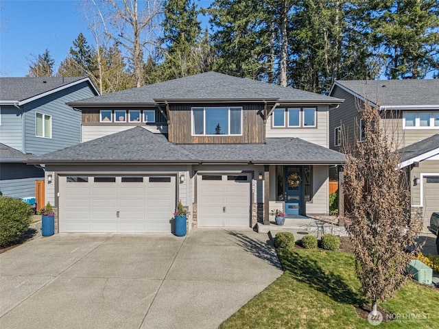 prairie-style house featuring driveway, a shingled roof, and an attached garage