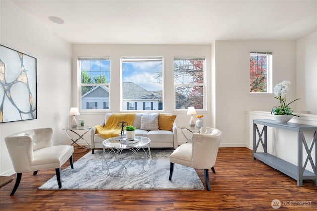 living area featuring wood finished floors and baseboards