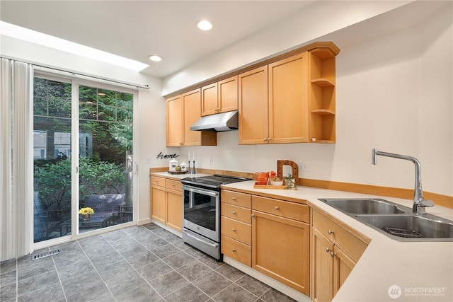 kitchen featuring open shelves, light brown cabinetry, a sink, stainless steel range with electric stovetop, and under cabinet range hood