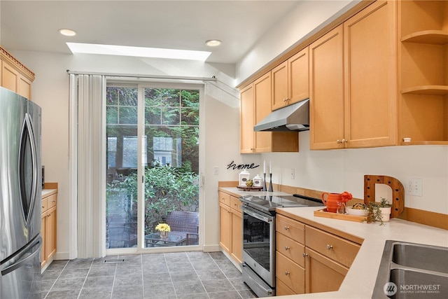 kitchen with stainless steel appliances, light countertops, light brown cabinetry, under cabinet range hood, and open shelves