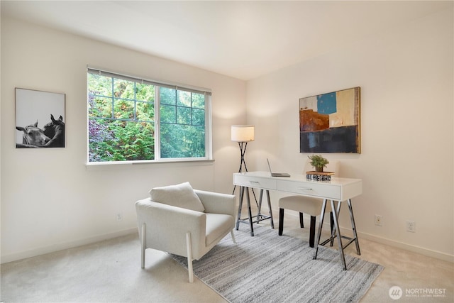 carpeted home office featuring baseboards