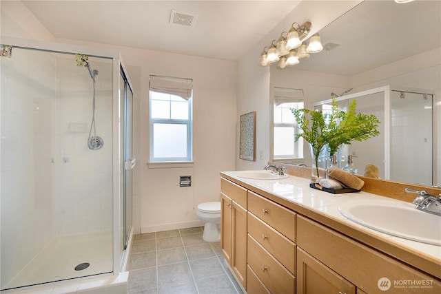 full bathroom with a shower stall, visible vents, and a sink