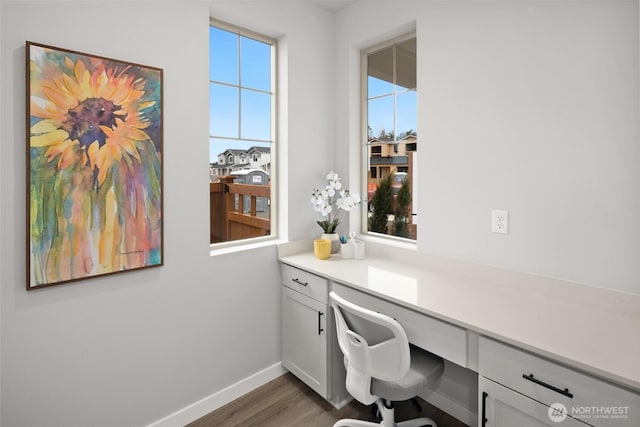 home office with baseboards, wood finished floors, and built in study area