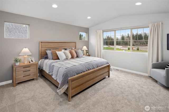 bedroom featuring lofted ceiling, recessed lighting, baseboards, and light colored carpet