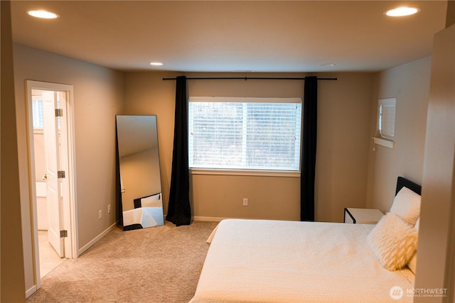 bedroom featuring carpet, baseboards, and recessed lighting