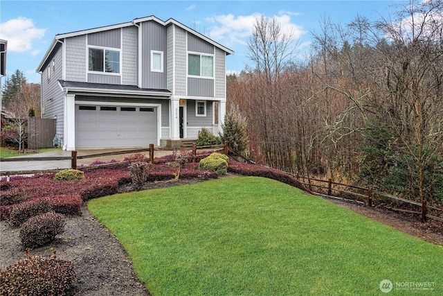 view of front facade featuring an attached garage, concrete driveway, a front lawn, and fence