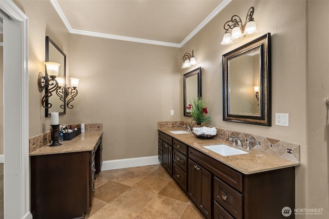 full bathroom with ornamental molding, a sink, baseboards, and double vanity